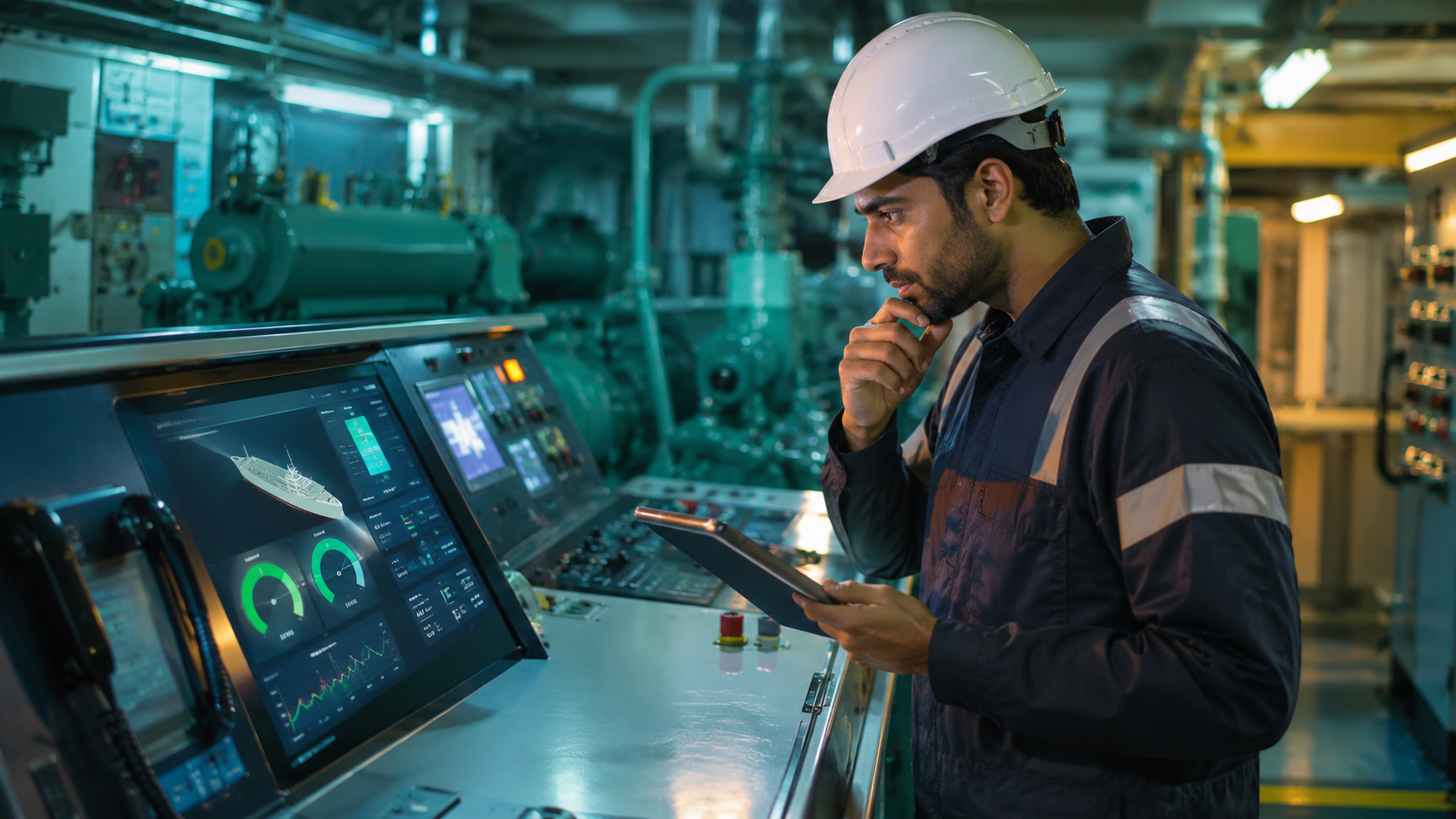 Marine engineer reviewing ship energy efficiency data