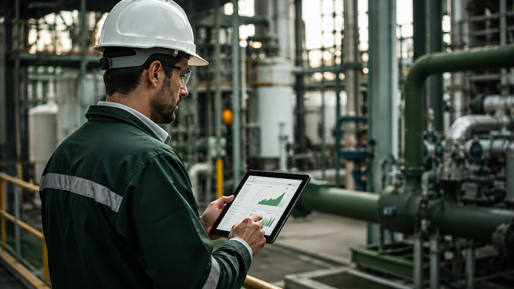 Environmental auditor inspecting industrial facility with compliance data