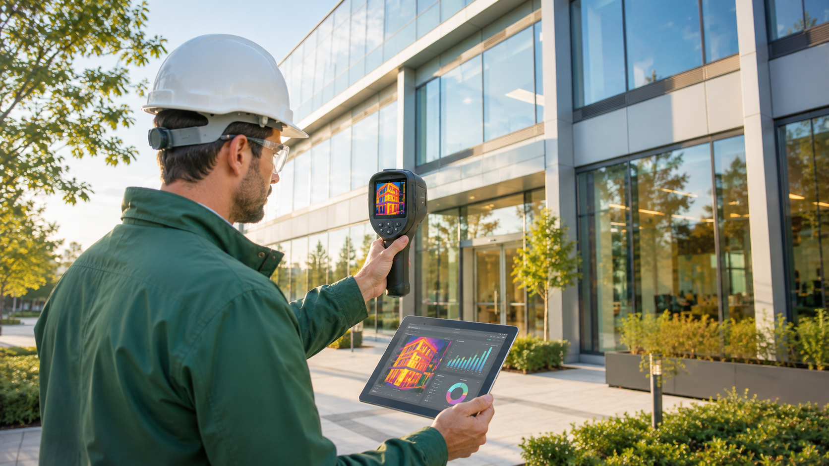 Energy auditor using thermal imaging camera on commercial building